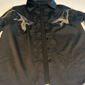 Blk button down blouse with fringe detail